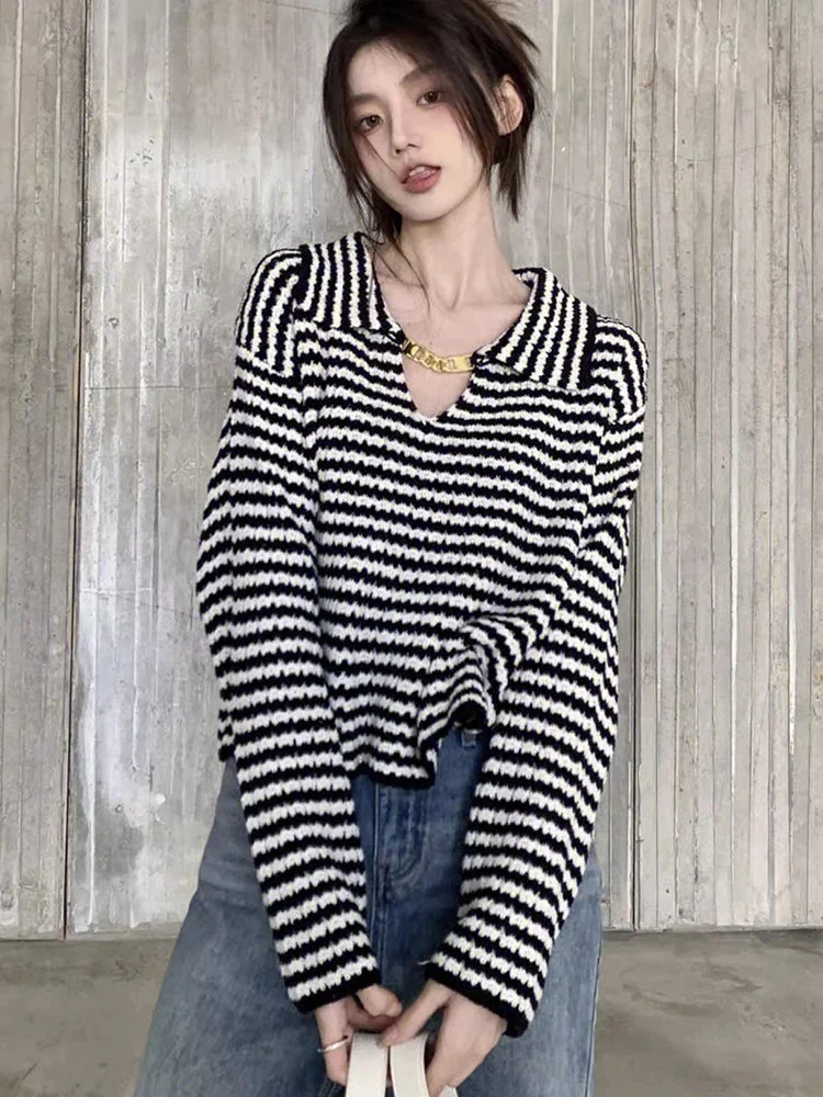 Oocharger Korean Loose Women Striped Sweater Chain Fashion Autumn Knitter Jumper Casual Long Sleeve Streetwear Female Harajuku Tops