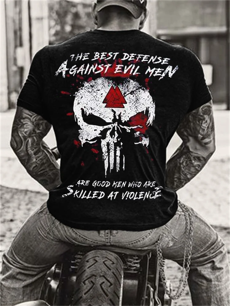 BrosWear Men's the Best Defense Against Evil Men Are Good Man Who Are Skilled at Violence T Shirt