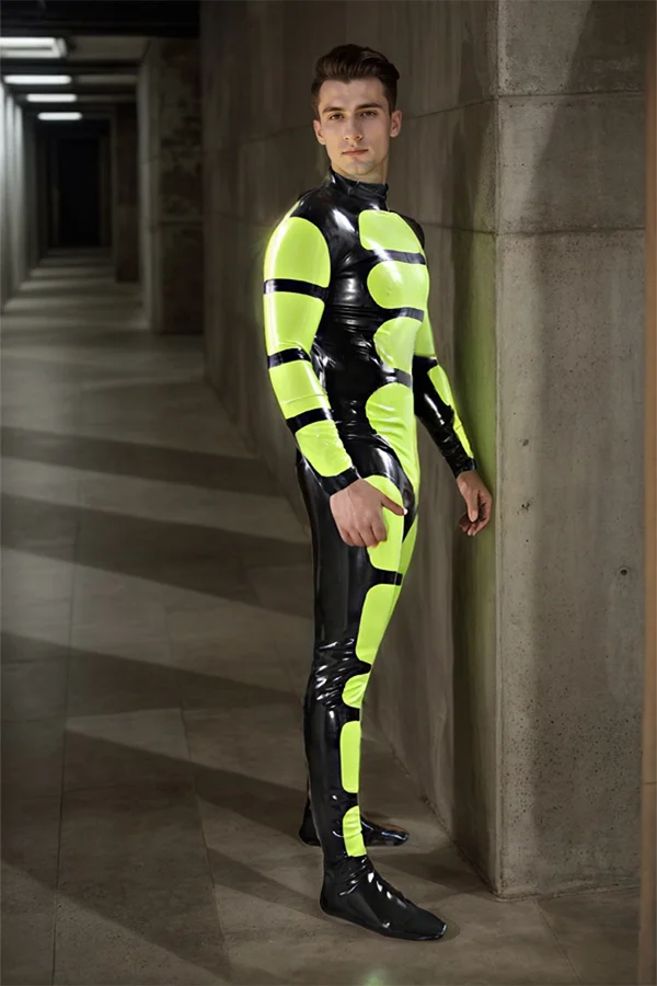 Man Latex Catsuits Men's Straposis Back Zipper Latex Catsuit With Feet