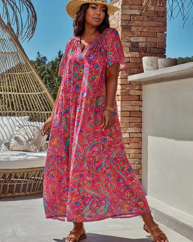 V-neck Holiday Loose Bohemian Print Long Dress
