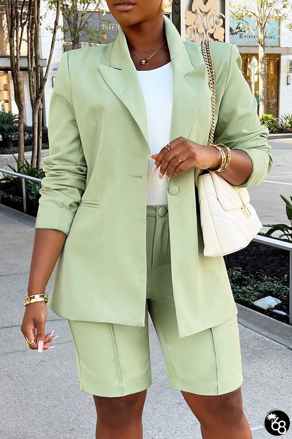 Light Green Casual Solid Basic Two Lapel Long Sleeve Two Pieces | 168DEAL