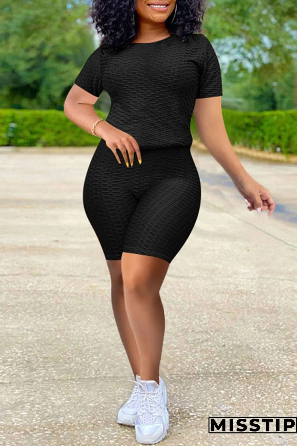 Fluorescent Red Fashion Casual Solid Basic O Neck Short Sleeve Two Pieces
