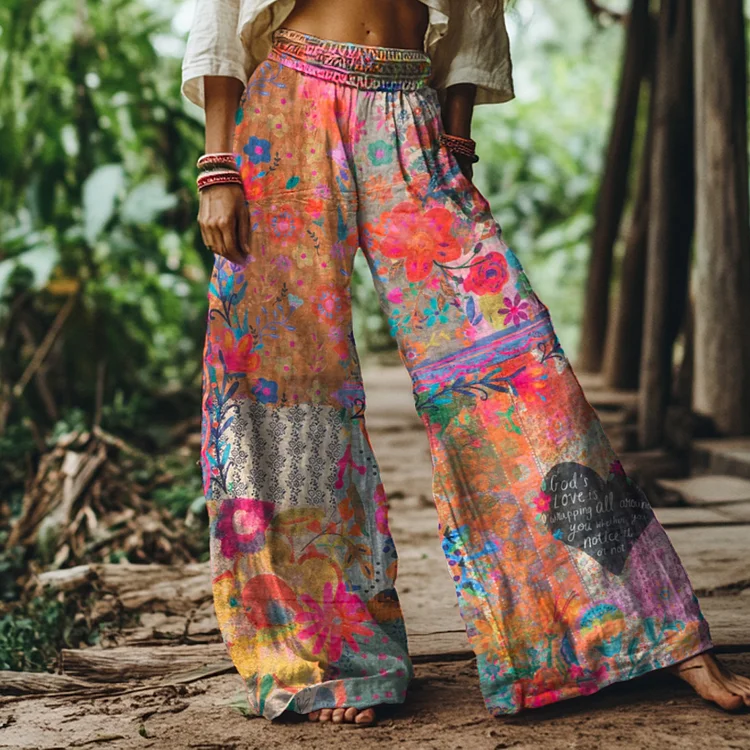 Vintage Bohemian Floral Print Loose Wide-leg Pants
