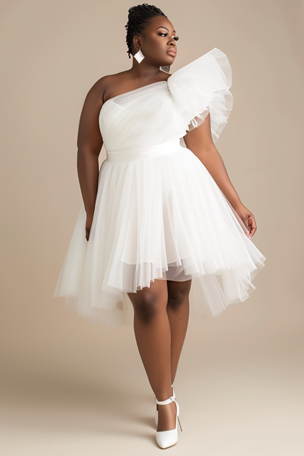 Design Plus Size Cocktail Party Elegant White Oblique Collar One Shoulder Irregular Hem Tulle Mesh Mini Dresses [Pre-Order]