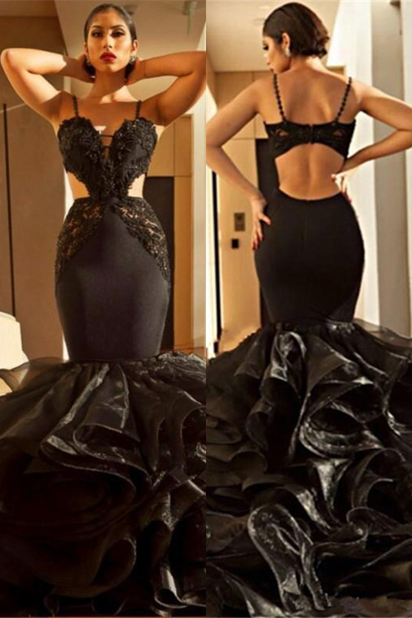Bellasprom Black Mermaid Evening Gowns Lace Appliques With Ruffles Spaghetti-Straps Bellasprom