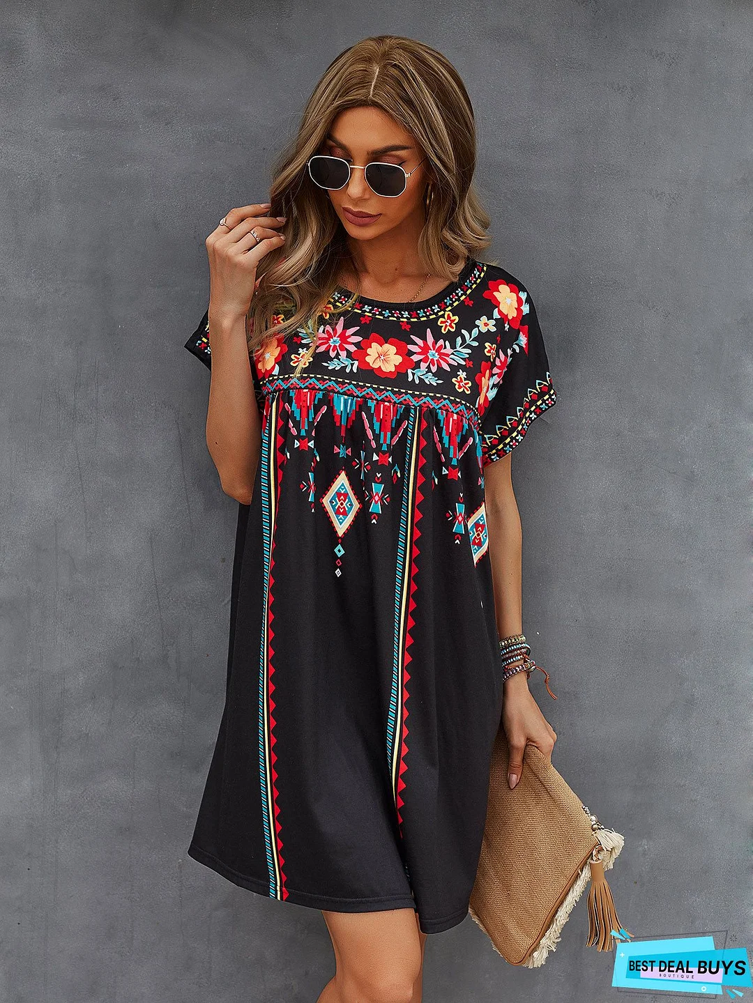 Floral A-Line Short Sleeve Crew Neck Weaving Dress