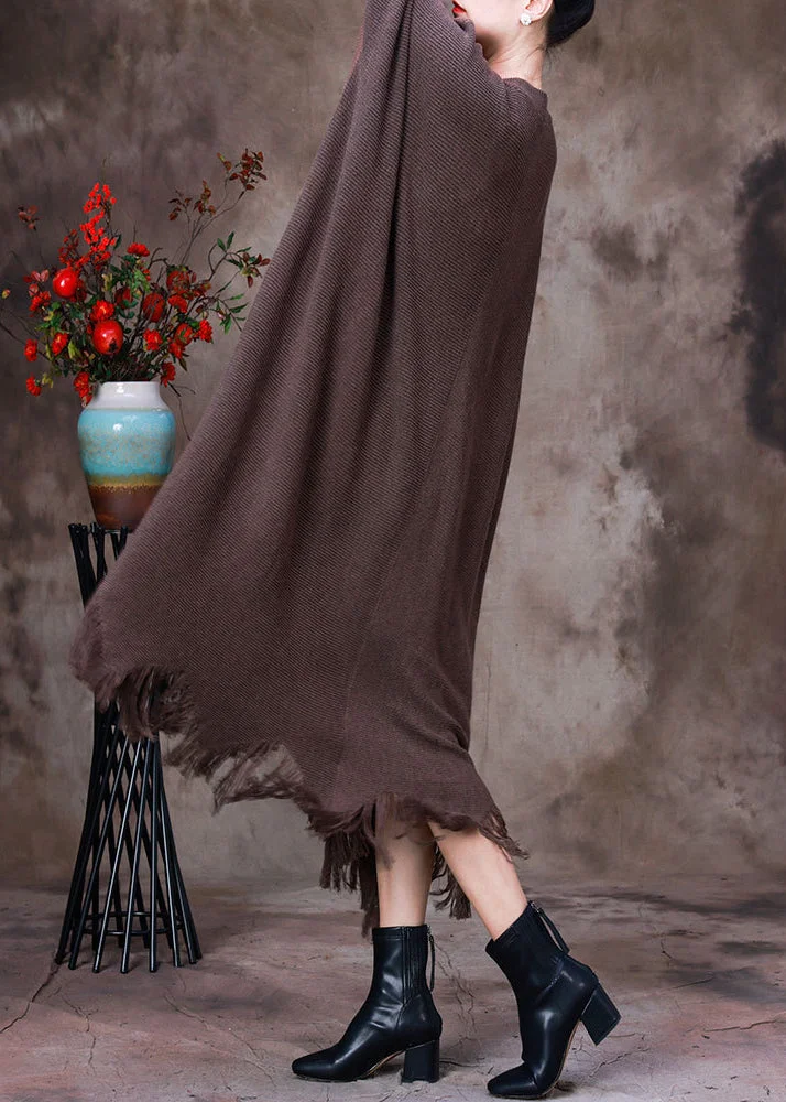 Fine Dark Coffee Patchwork Black V Neck Tassel Knit Wool Coat Long Sleeve