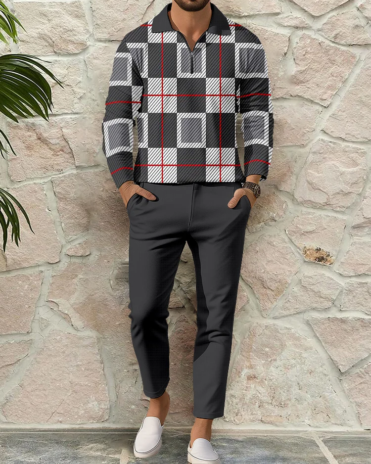 Men's Casual Colorblock Personalized Long Sleeve Polo Shirt Set 145