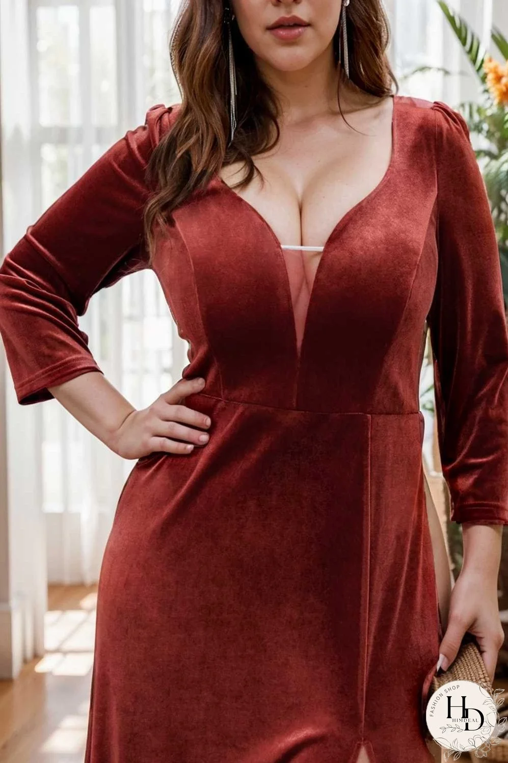 velvet 3 4 length sleeve illusion v neck front slit evening dress