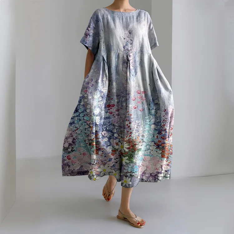 Women's Floral Painting Casual Crew Neck Loose Dress