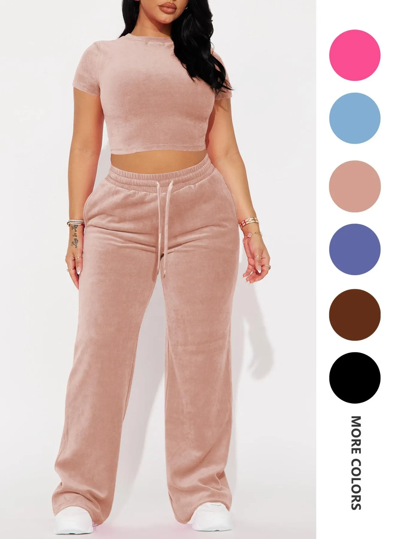 Two-piece Set Women's Solid Crop Tee & Drawstring Waist Pants Velvet Set, Casual Short Sleeve Round Neck T-shirt & Elastic Waist Trousers, Ladies Summer Clothes, Casual Matching Set Two-piece Set Women's Solid Crop Tee & Drawstring Waist Pants Velvet Set, Casual Short Sleeve Round Neck T-shirt & Elastic Waist Trousers, Ladies Summer Clothes, Casual Matching Set