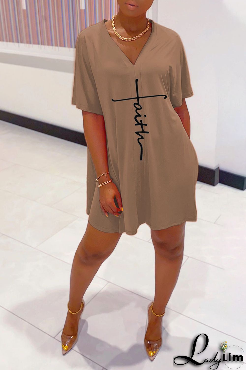 Tangerine Red Casual Print Split Joint V Neck Short Sleeve Two Pieces