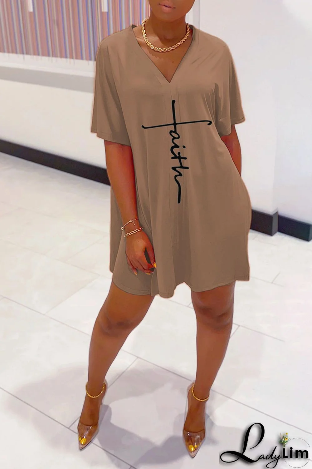 Tangerine Red Casual Print Split Joint V Neck Short Sleeve Two Pieces