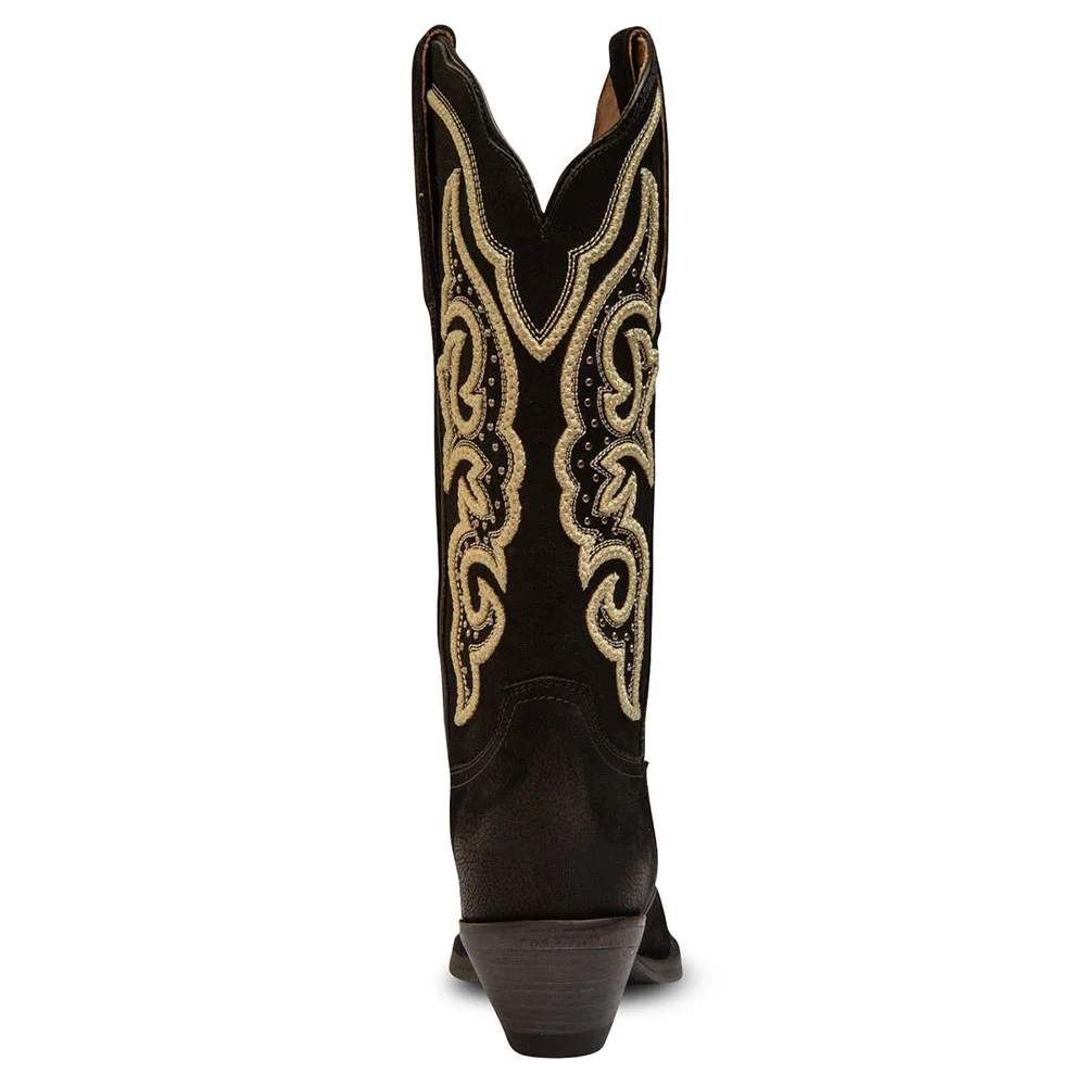 Black Studded Chunky Heel Gold Embroidery Western Boots for Women