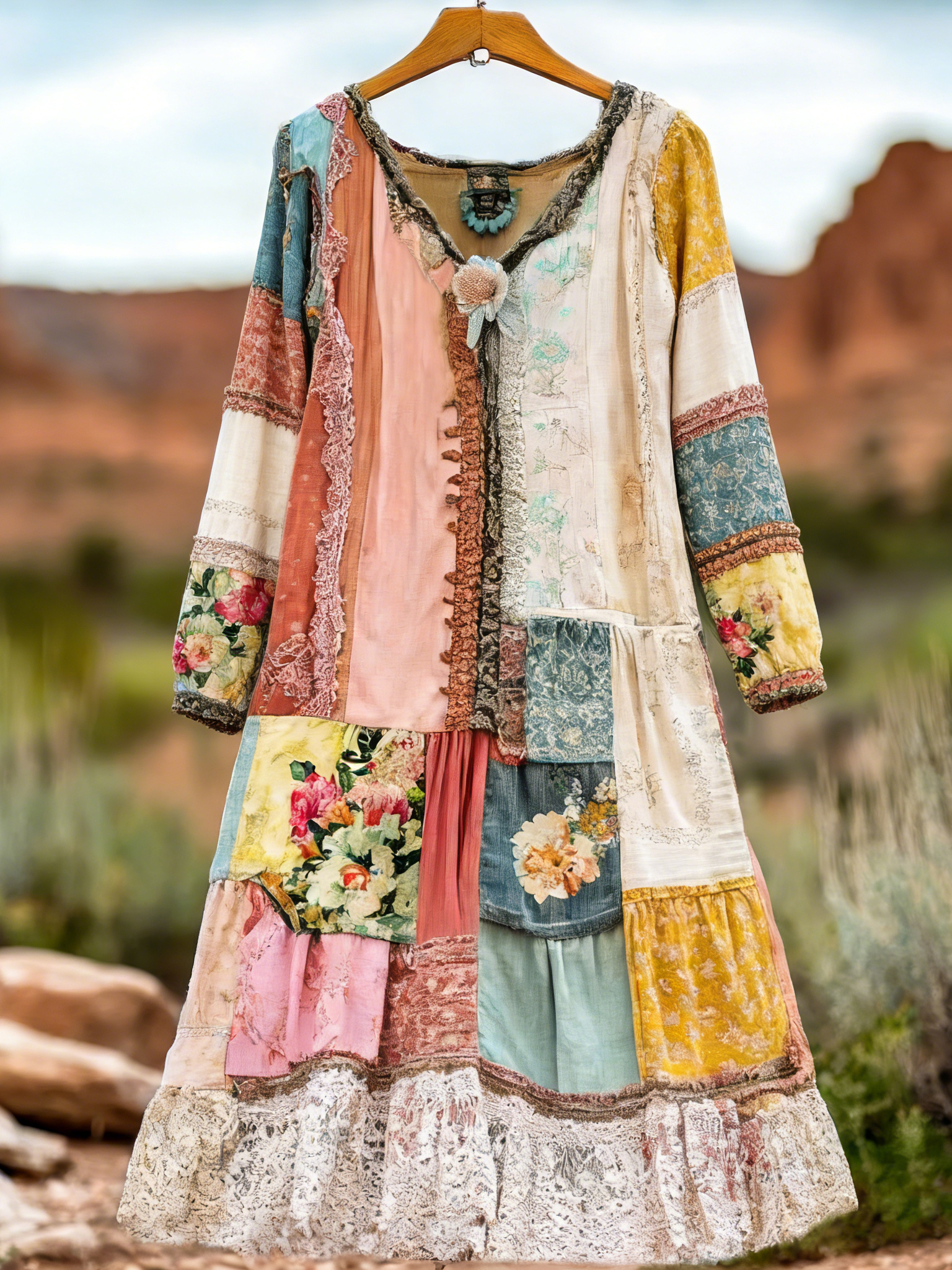 Women's Retro Bohemian Floral Casual V-neck Long Sleeve Dress elevenforest