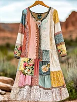 Women's Retro Bohemian Floral Casual V-neck Long Sleeve Dress