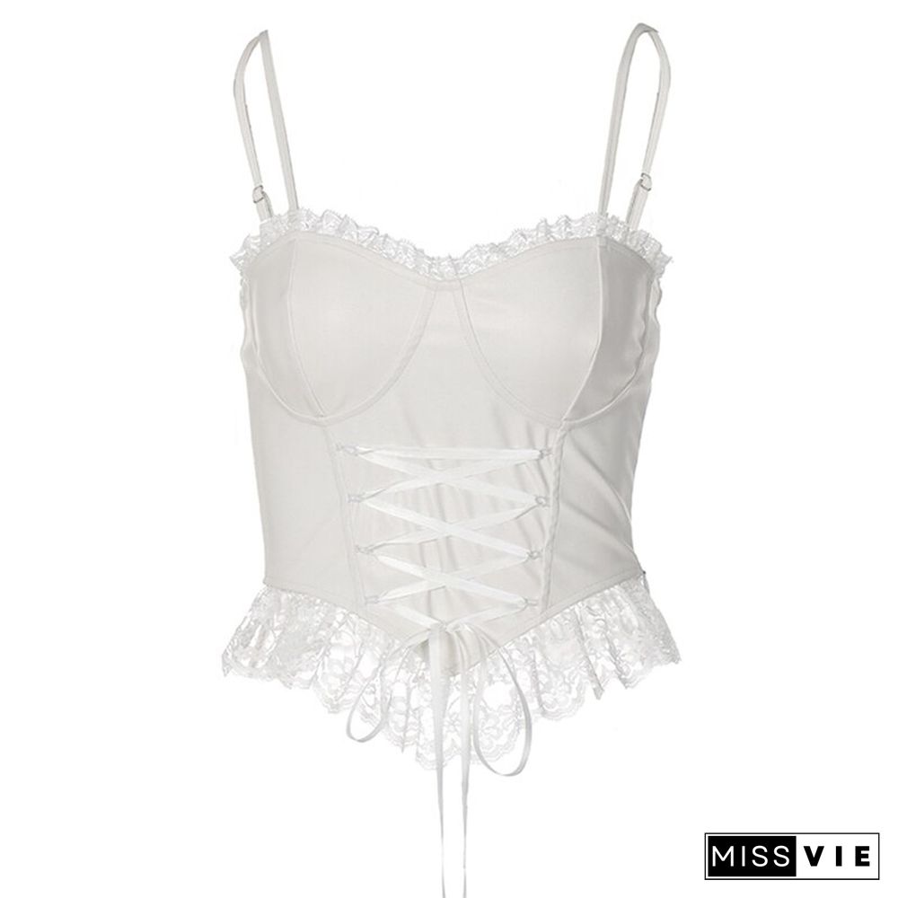 Y2k Lace Cami Aesthetic Women Ruffles Hem Sweet Girl Crop Tops Sleeveless Slim Ruched Cute