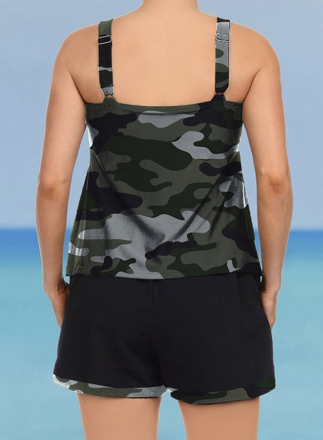 Womens Plus Size Camouflage Tankini With Shorts U Neck Ruched Padded Two Piece Swimsuits