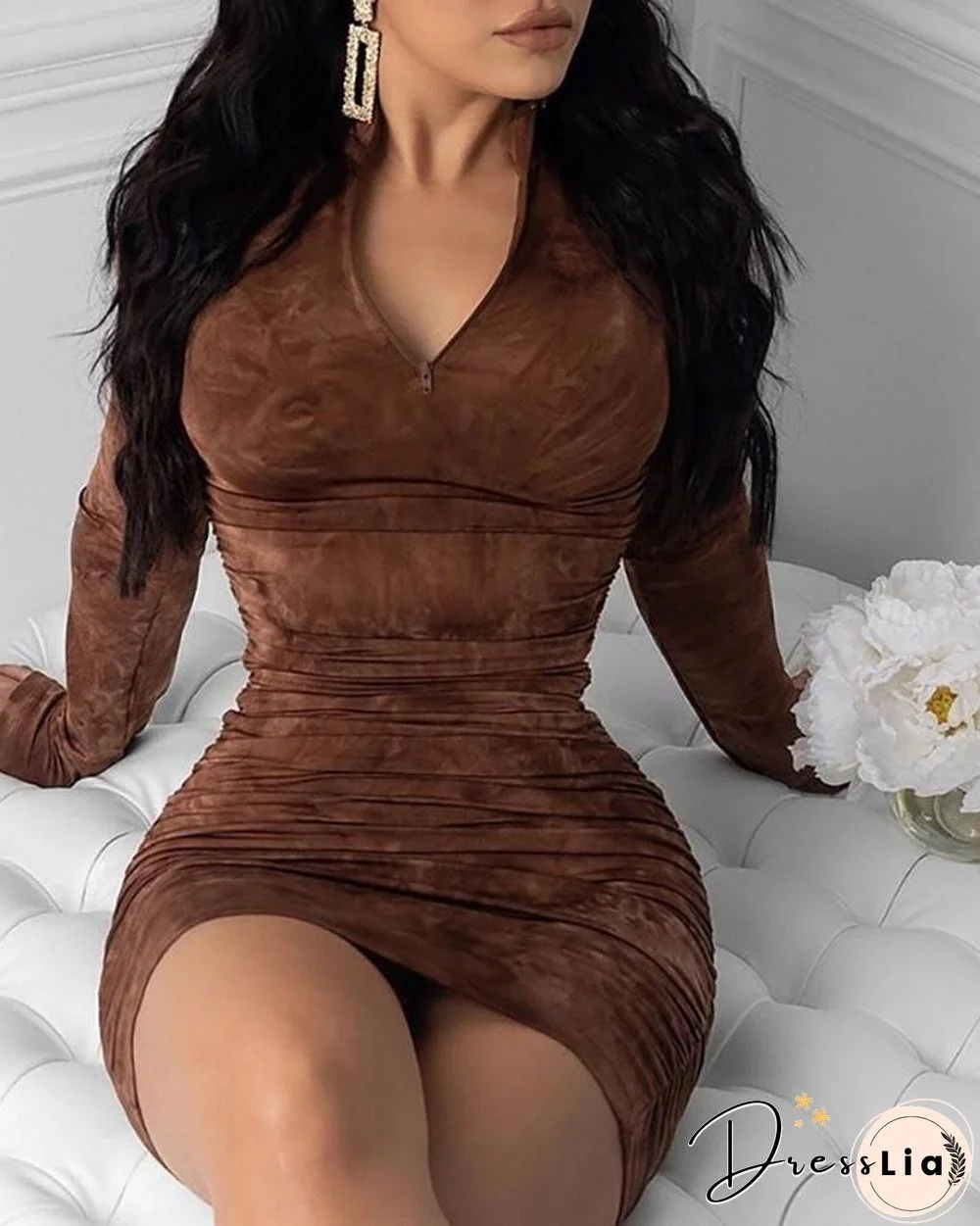 Plain Long Sleeve Ruched Bodycon Dress P13992