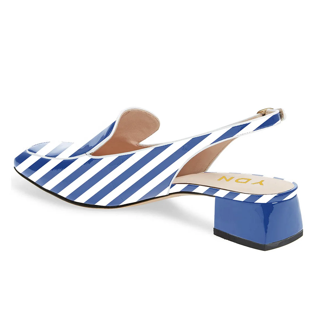 Blue & White Stripes Square Toe Chunky Heel Slingback Women's Loafers