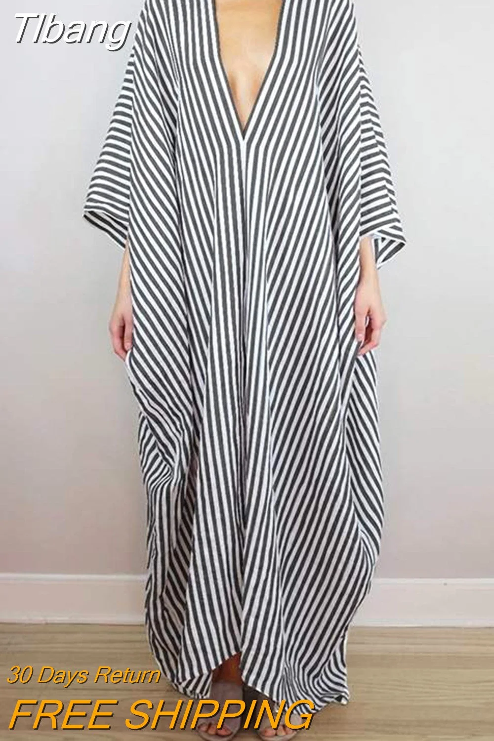 Tlbang Female Stylish Striped Batwing Sleeves Loose V-Back Deep V-Neck Sexy Dress 2023 Spring Summer Loose Vacation Maxi Dresses