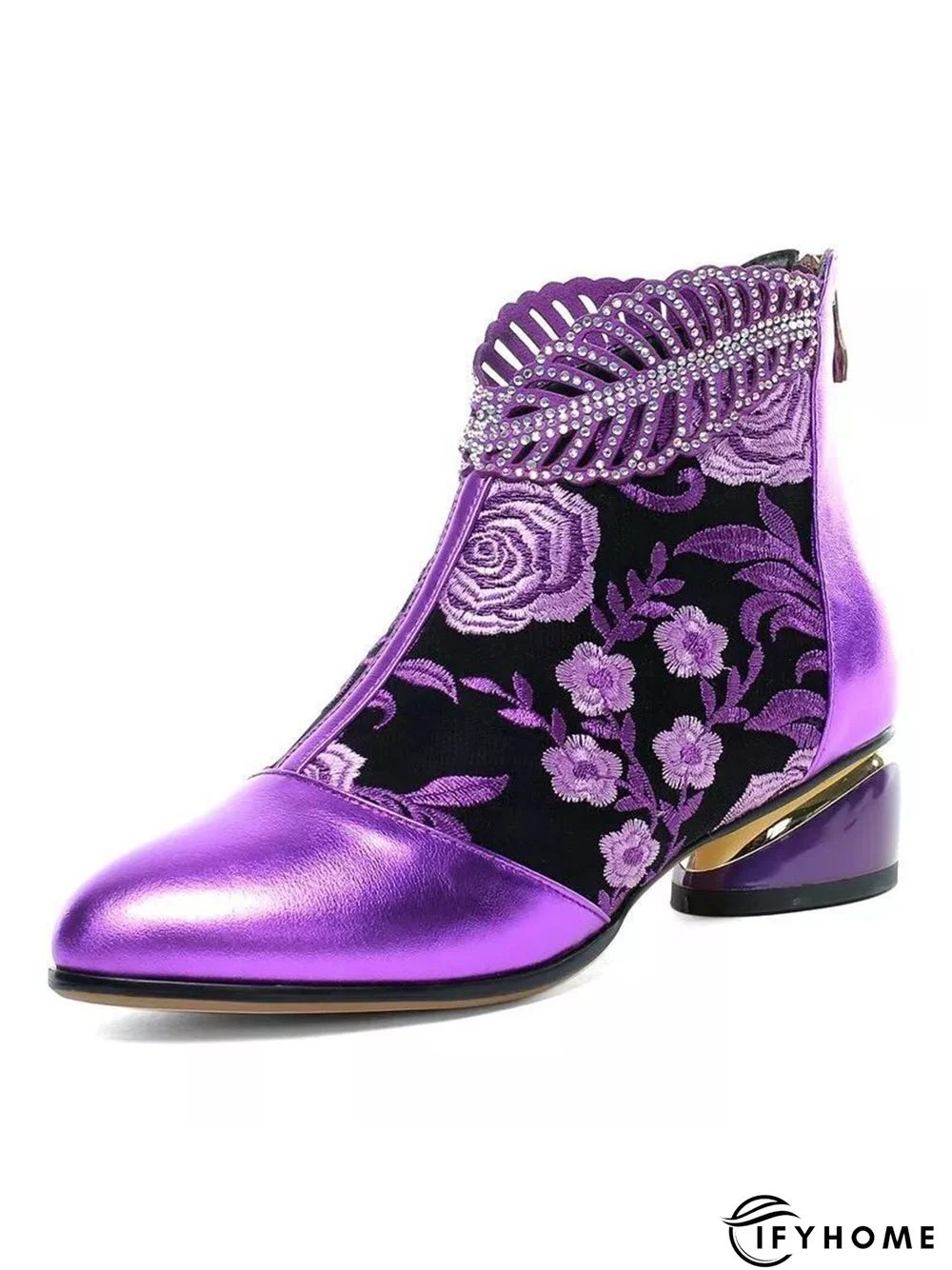 Retro Ethnic Embroidered Rhinestone Chunky Heel Zipper Boots | IFYHOME