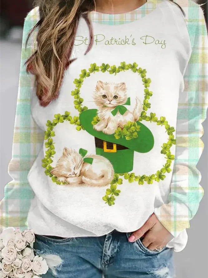 Women's Long Sleeve Scoop Neck Four Leaf Clover Printed Graphic Tops