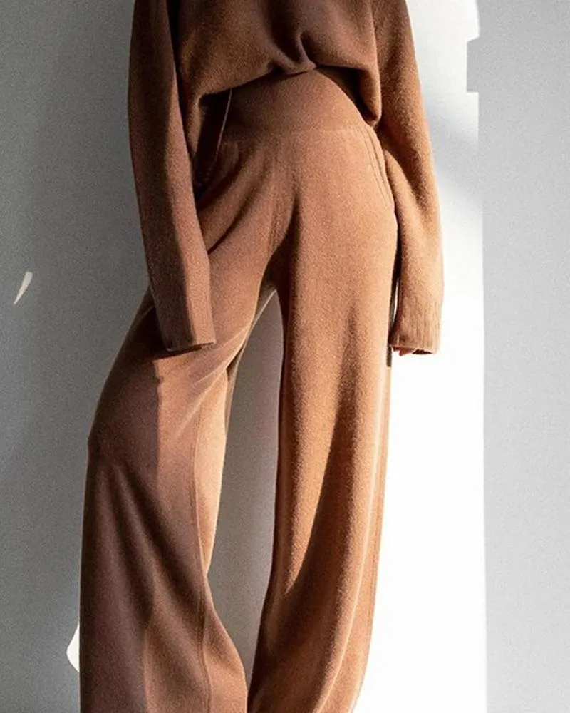 Retro Reddish Brown High Waist Two-piece Sweater Set