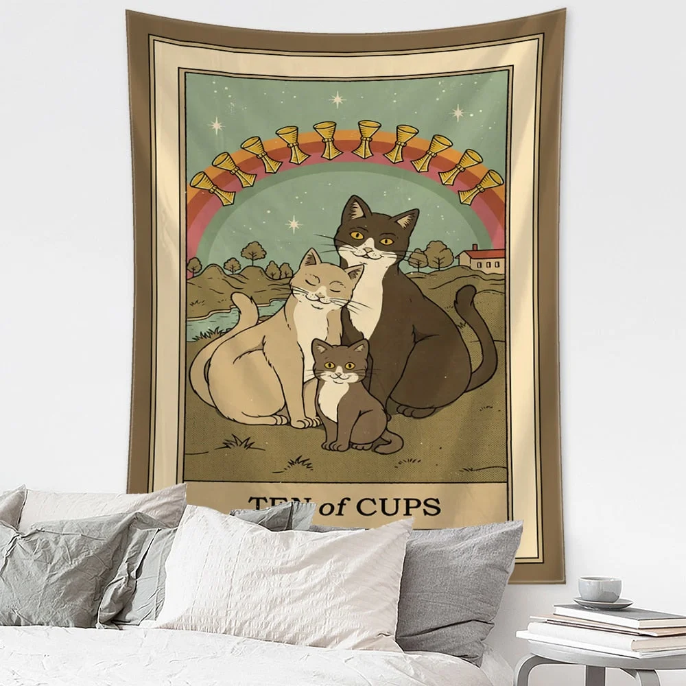 Cartoon Cat Tarot Tapestry Wall Hanging Mysterious Psychedelic Witchcraft Tapiz Hippie Kawaii Home Decor