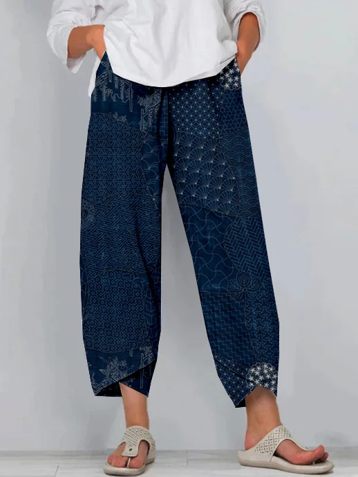 Wearshes Japanese Traditional Sashiko Art Cropped Casual Pants