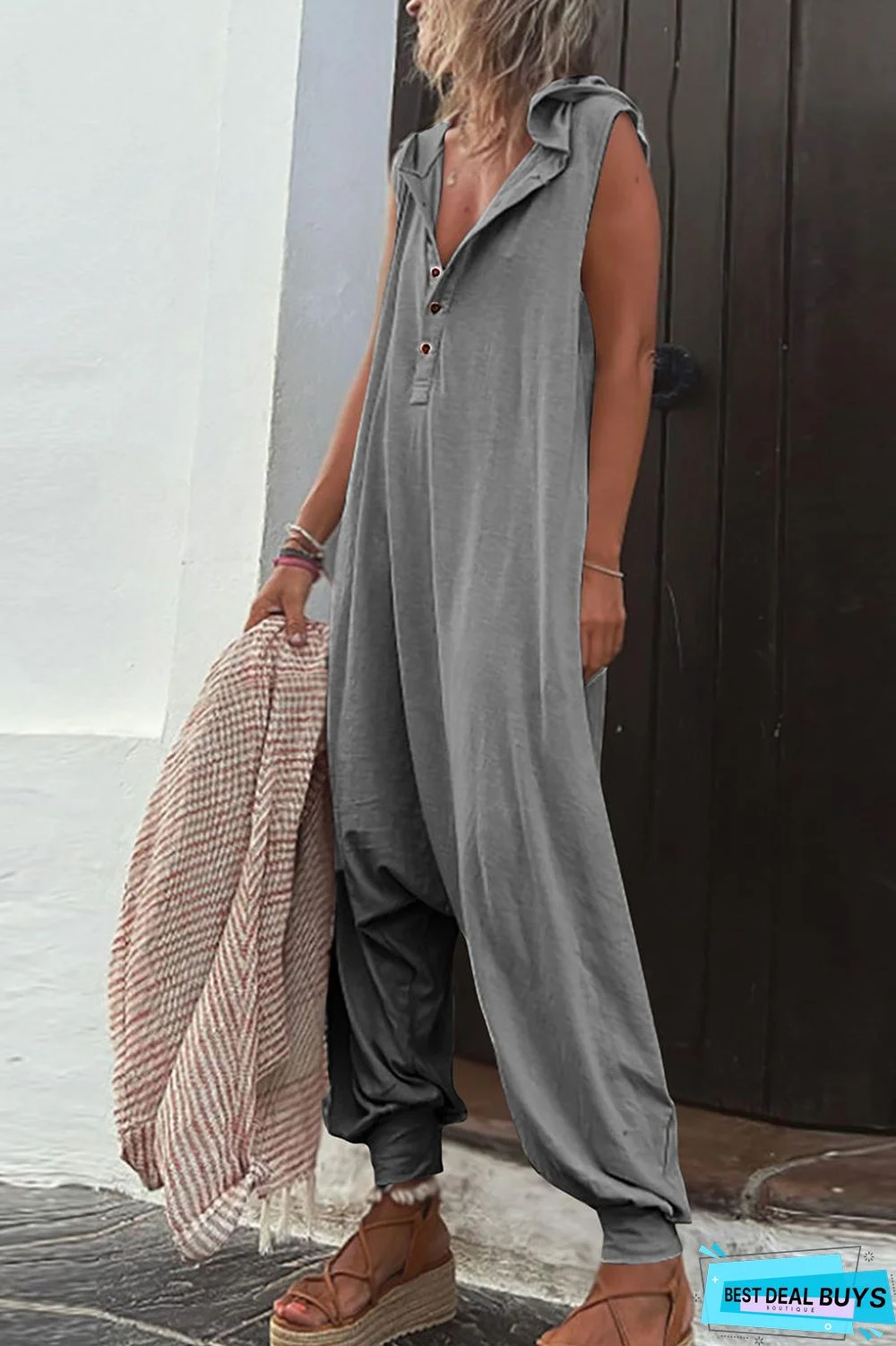 Casual Solid Buckle Hooded Collar Loose Jumpsuits(10 Colors)