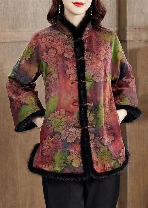 Women Colorblock Fur Collar Print Pockets Fleece Coat Winter