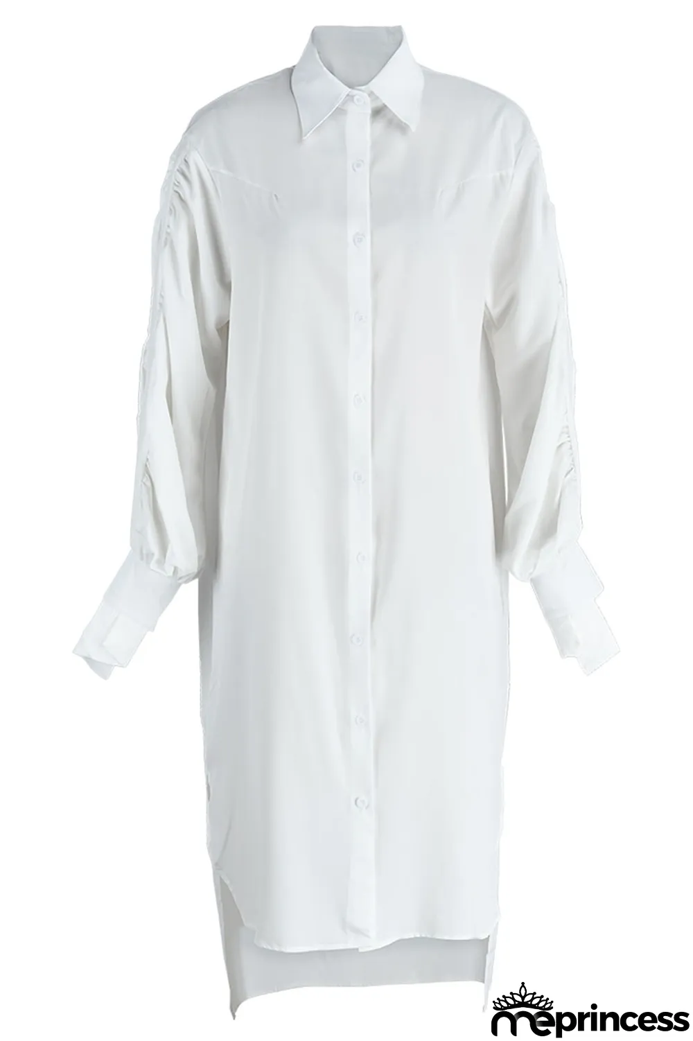 White Fashion Casual Solid Slit Turndown Collar Long Sleeve Shirt Dress