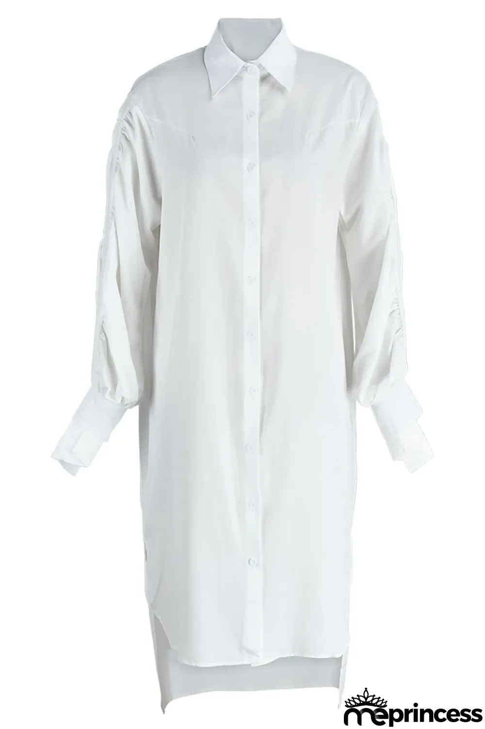 White Fashion Casual Solid Slit Turndown Collar Long Sleeve Shirt Dress
