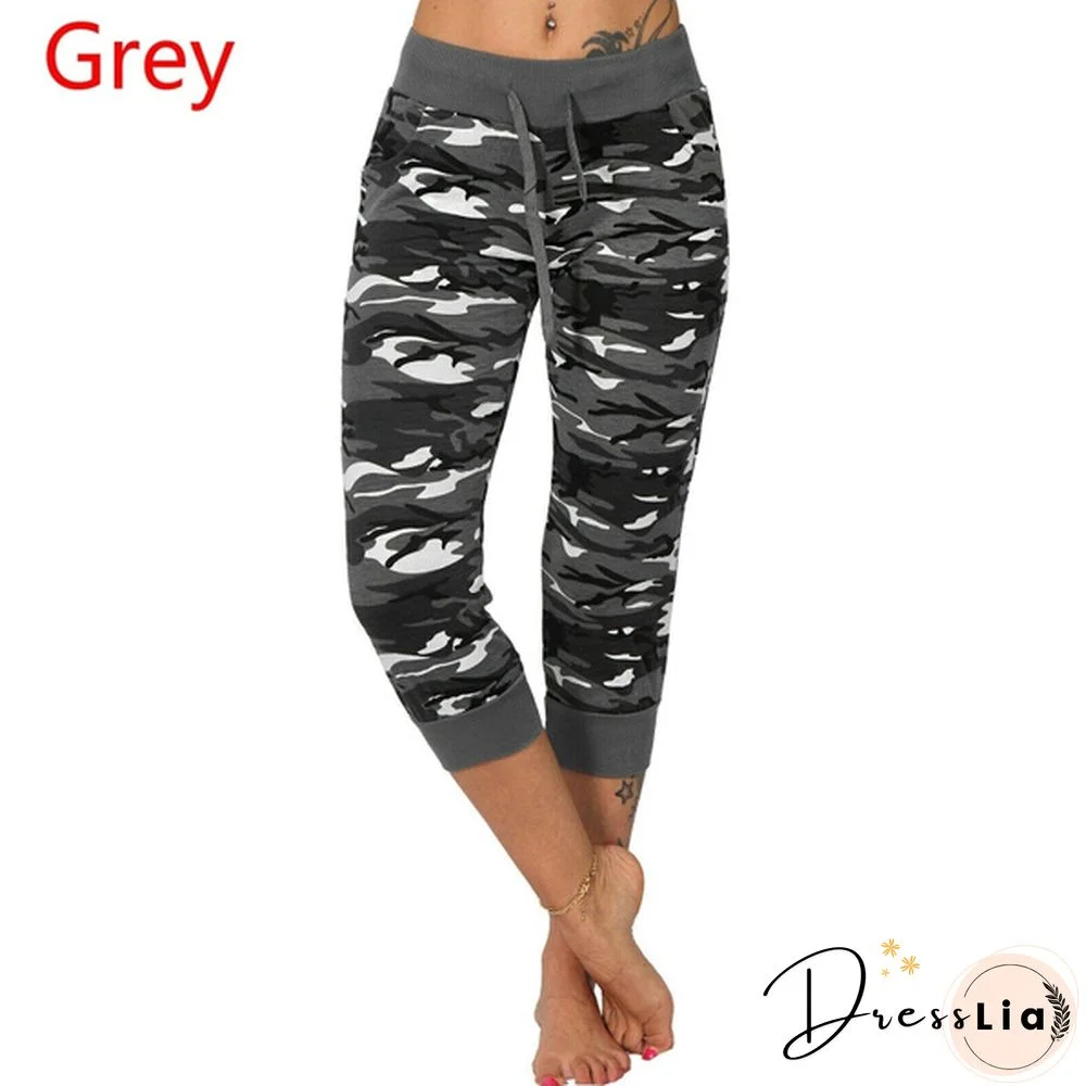 Womens 3/4 Lightweight Jogging Capri Pants Camouflage Sport Fitness Pants Trousers