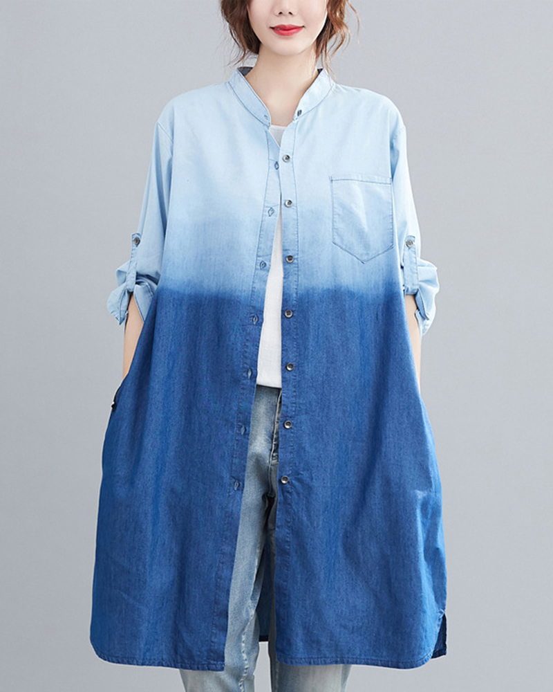 Gradient Stand Up Collar Single Breasted Long Denim Shirt
