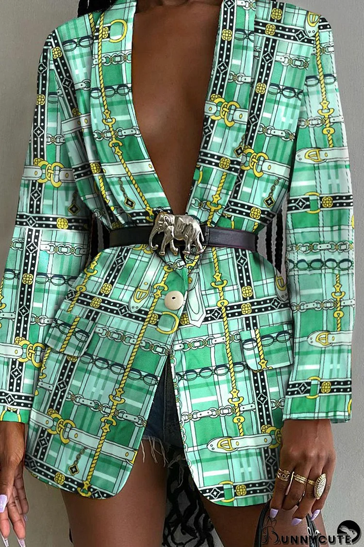 Green Fashion Casual Print Patchwork Turn-back Collar Outerwear (Without Belt)