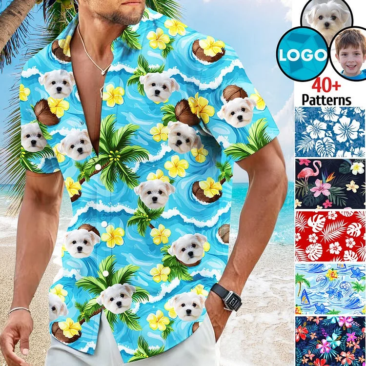 Personalized Pet Face Hawaii Shirt – Tropical Vibes with Coconuts & Plumerias