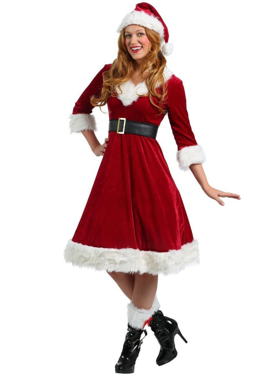Women's Christmas Dress V-neck Plush Stitching Three Quarters Sleeve Midi Swing Dress