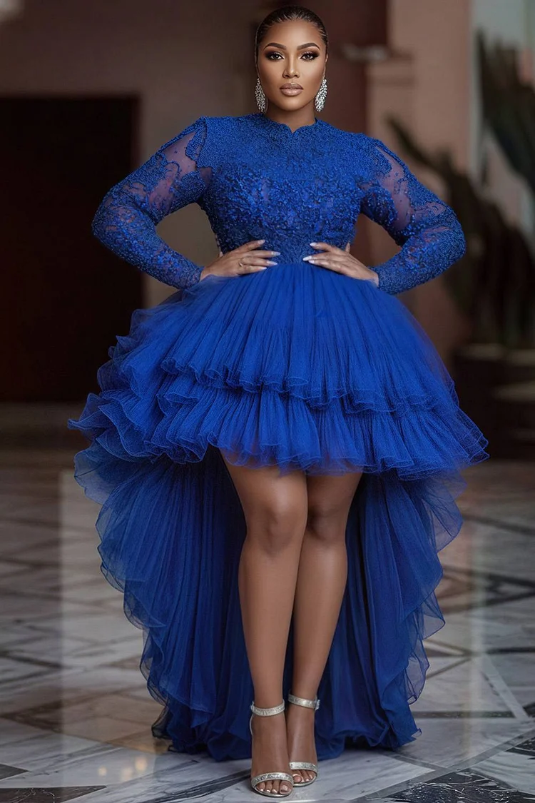 Xpluswear Design Plus Size Formal Tulle Royal Blue Round Neck Long Sleeve High Low Hem Elegant See Through Lace Maxi Dresses [Pre-Order]
