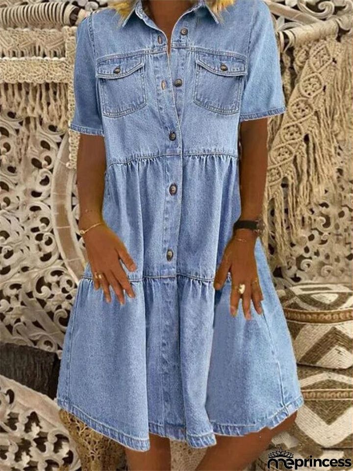 Short Sleeve Chest Pocket Denim Shirt Dress