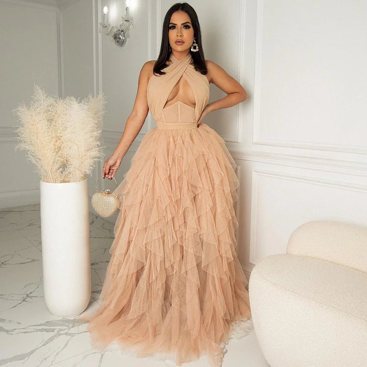 Backless Halter Birthday Tulle Prom Maxi Dresses