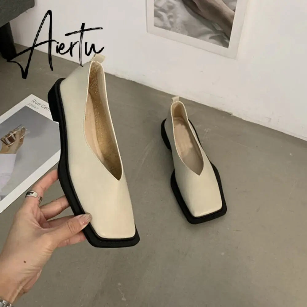 Aiertu Spring New Flat Shoes Square Toe Square Toe Shallow Mouth Slip on Loafers Ladies Casual Shoes Zapatos Size35-43 Aiertu