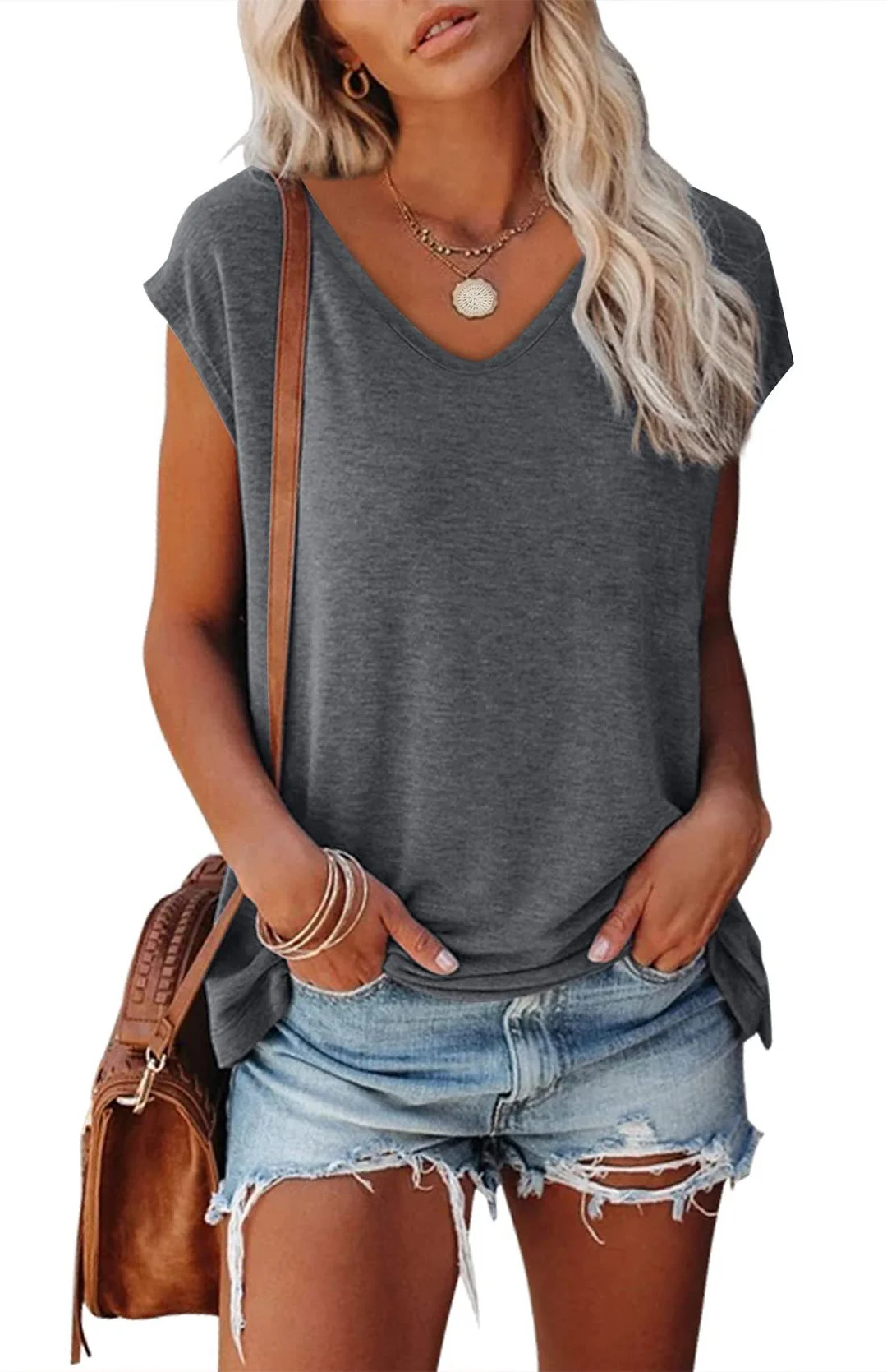 Brownm Color V-neck Cotton Blend Casual Loose Sleeveless Top Women's T-shirt