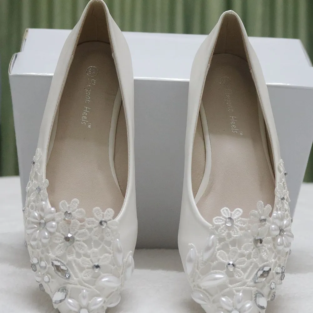 Breakj Breakj Flat-Bottomed Tip Diamond Lace Wedding Shoes Bridal Shoes Dancing Bridesmaid Shoes Comfortable Flat Heel Single Shoes