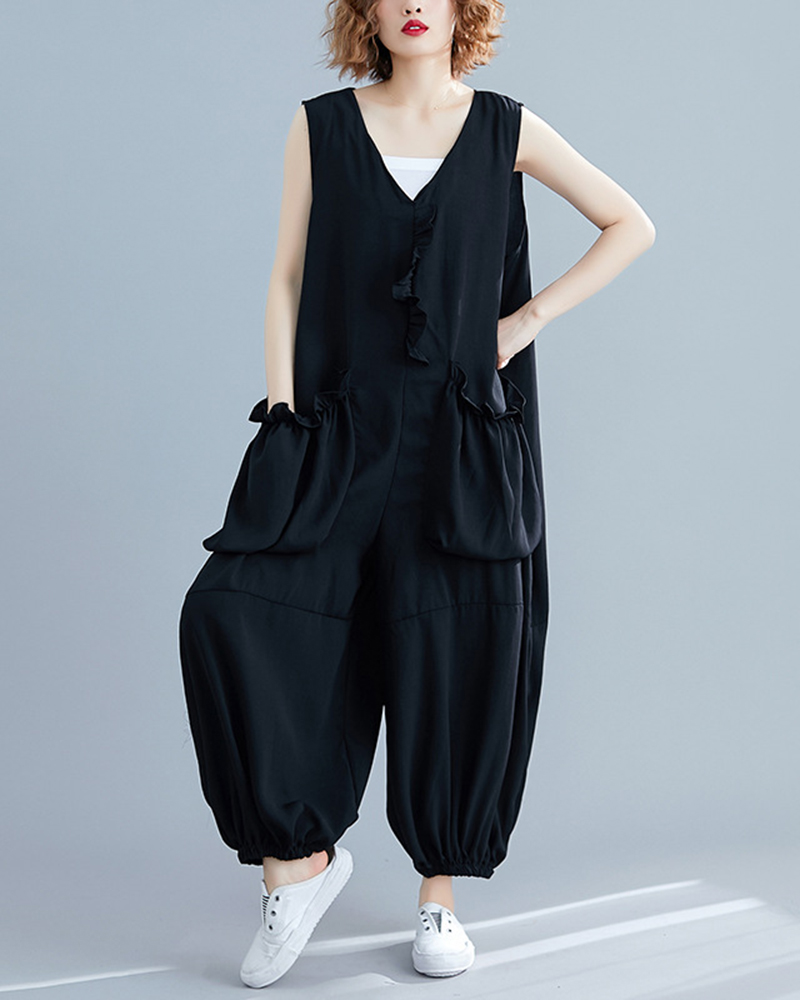 Ruffled Detail V Neck Sleeveless Loose Solid Color Jumpsuit