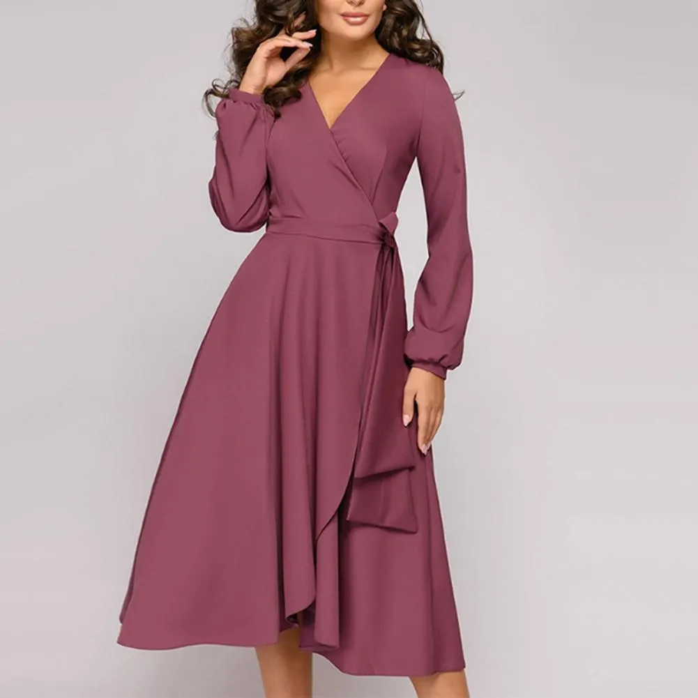 Chic Women Solid Color V Neck Long Sleeve Waist Tight Large Swing Midi Dress Suitable for Party Dance Cocktail Banquet Xmas gift
