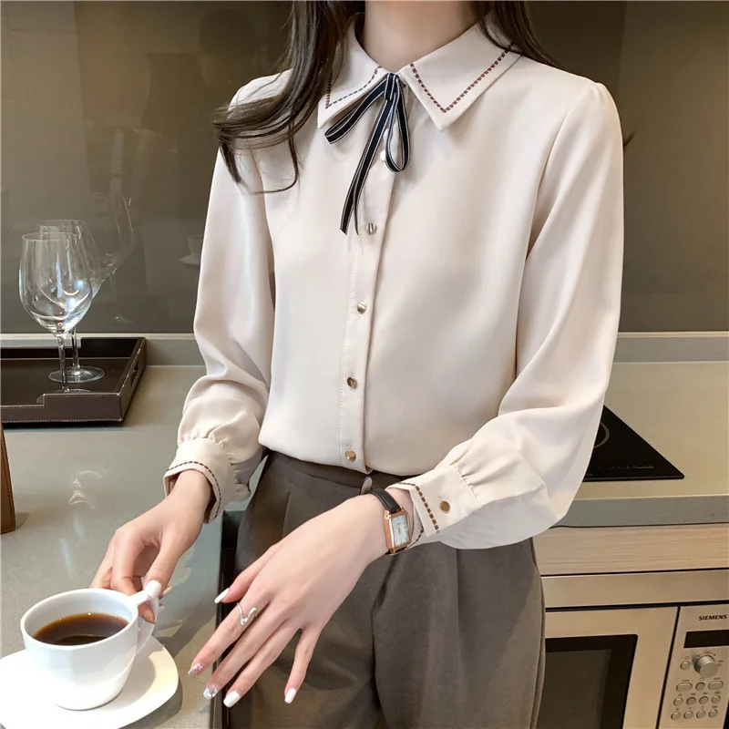 Woherb Woherb New Bow Embroidered Long Sleeve Shirt Lace Design Sense Small Long Sleeve Foreign Style Base-Outfit Ideas