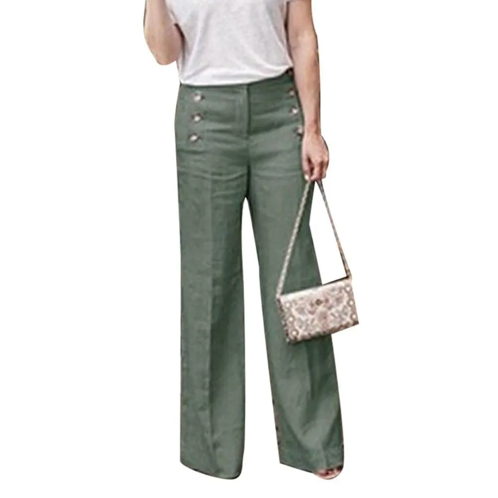 Solid Color Buttons High Waist Wide Leg Pants Women Cotton Linen Long Trousers