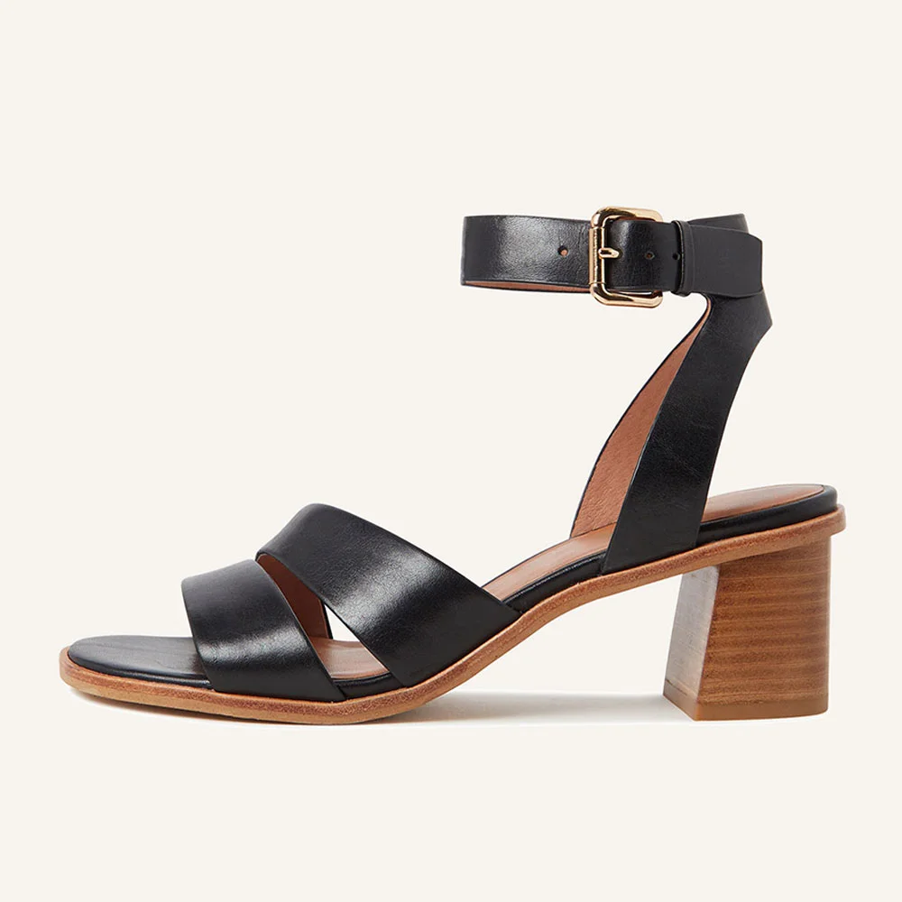 Black Open Round Toe Buckled Ankle Strap Block Heel Sandals